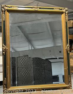 Large Beveled Mirror with Green & Gold Toned Frame