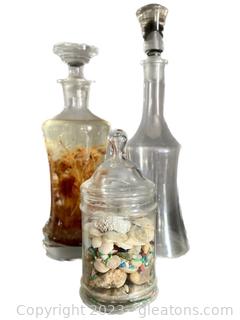 Antique Decanters and Clear Glass Apothecary Lidded Jar 