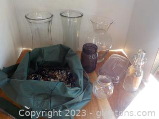 (Some Items not in first picture)  Useful Vases Jars, Colored Stones for Vases, Charcuterie Board Jars, and more