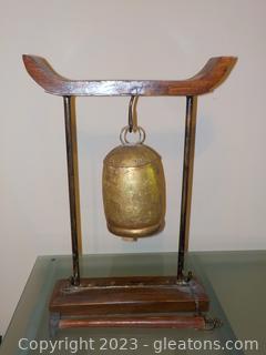 Asian Formed and Gold/Brass-Tone Painted Metal Bell with Wood Clapper and Stand