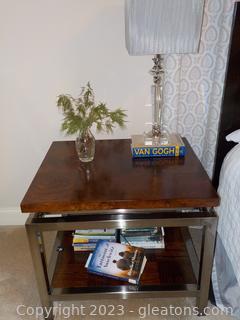 Silvertone Metal and Burl-Wood Look Bedside Table (Two Tier)