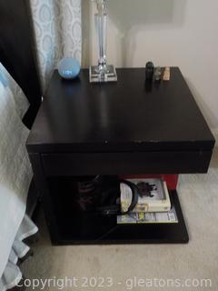 Dark Wood Bedside Table with Bold Red Panel at Center by Room and Board Does not include lamp or contents