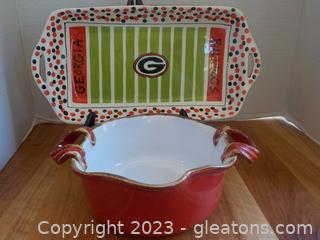 Red and Black UGA Hors-D’oeuvre Tray and Italian Oven Proof Casserole 