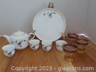 Vintage Saki Set with Server, Tray and 4 Cups, Bamboo Branch Motif (6 pc) Please read description