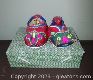 Pair of Asian Silk Children’s Shoes with Decorative Box 