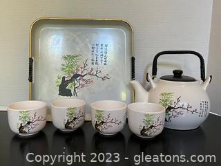 Beautiful Cherry Blossom Tree & Bamboo Teapot, Plate & Cups 