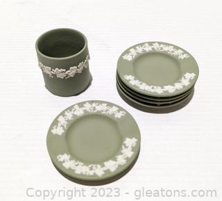 Sage Green Wedgewood Set of 5 Ashtrays & Matching Cup 