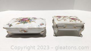Pair of Floral Footed Porcelain Lidded Trinket Boxes 
