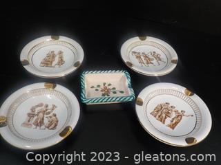 Set of 4 Florentine Ashtrays and a Ceramic Ashtray, All made in Italy