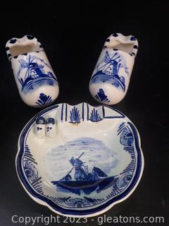 Three Blue and White Ashtrays; One Marked Delft 43H, Other Shoes Might Be Delft