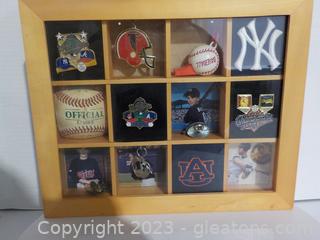 Attractive Wooden Shadowbox with 12 Bins with a Sports Motif