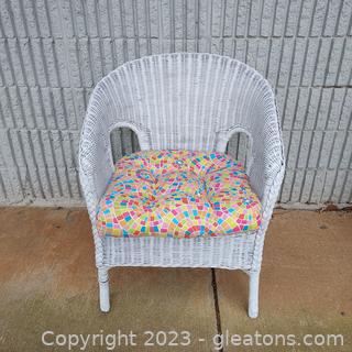White Barrel Wicker Chair with Colorful Cushion 