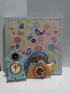 Whimsical Group: Wall Art and 2 Decorative Clocks