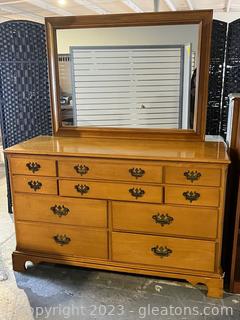 Mid Century 10 Drawer Dresser with Brass Handles & Attached Mirror 