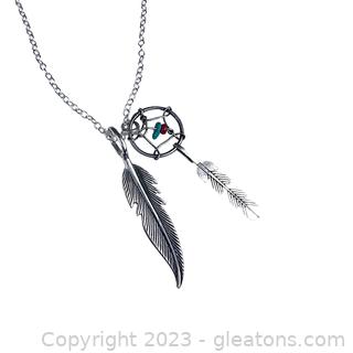 Dream Catcher & Feather Necklace w/ Turquoise & Coral Sterling Silver