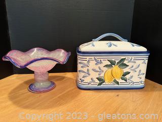 Stonelite Inspirado Hand Painted Cookie Jar/Bread Box w/Lemon Design & Pretty Pedestal Dish 
