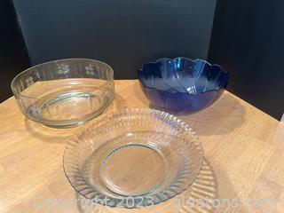 French Aroroc Cobalt Blue Swirl Bowl, Glass Etched Pedestal Bowl, Plus One More Glass Bowl 