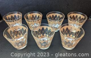 Set of 7 Mid-century Gold Appliqued Pattern Glasses