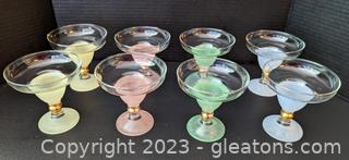 Vintage Frosted Pastel Colored Margarita Glasses w/ Gold Trim, Set of 8