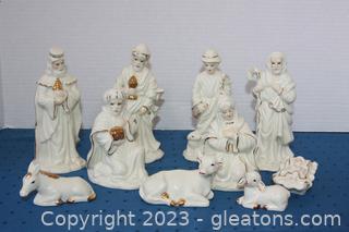 Porcelain Nativity Set with Gilded Trim 
