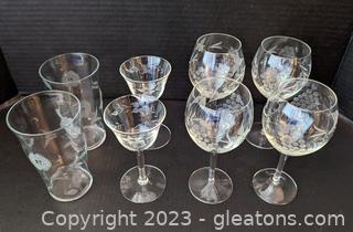 Trio Variety of Etched Crystal & Glassware, 8 Total