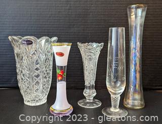 Trio of Crystal Vases Featuring De Plomb Lead Crystal Vase Plus 2 Glass Bud Vases
