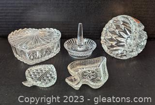 Cute Lady’s Crystal & Glass Trinket Dishes Plus Crystal Ring Holder