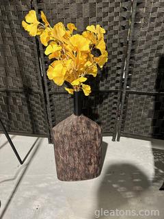 Beautiful Carved Leaf Detail Decor Vase w/Artificial Yellow Flowers 