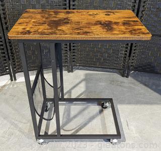 Rustic Top Side Table on Casters & with Hanging Mesh Storage 