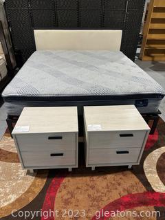 Queen Size Black Wood W/Cream Upholstery Platform Bed/Headboard. Includes Queen Size Mattress