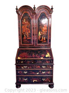 Spectacular Maitland-Smith Chinoiserie Secretary. Hand-Painted in Lacquer and Raised enamel, Georgian Style