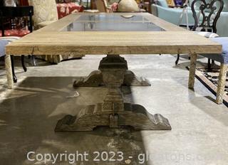 Heavy Rustic Style Dining Table W 2-28” x 27” Centered Marble Sections on Wooden-like Surface
