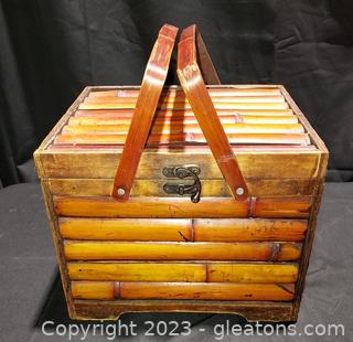 Handled Wooden Storage Box with Bamboo Trim 