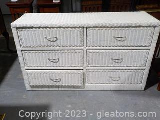 White Wicker Chest of Drawers with Silver Tone Pulls 