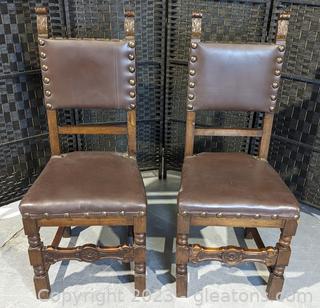 Pair of Mid 1900s Italian Renaissance Side Chairs w/ Brass Dome Studded Leather Upholstery (A) 