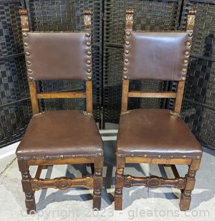 Pair of Mid 1900s Italian Renaissance Side Chairs w/ Brass Dome Studded Leather Upholstery (B) 