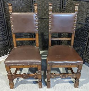 Pair of Mid 1900s Italian Renaissance Side Chairs w/ Brass Dome Studded Leather Upholstery (C)