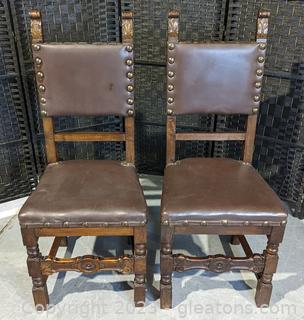 Pair of Mid 1900s Italian Renaissance Side Chairs w/Brass Dome Studded Leather Upholstery (D)