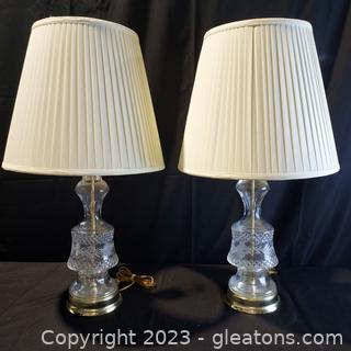 Pair of Embossed Crystal/Glass Table Lamps with Pleated Shades