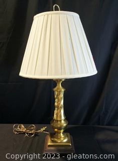 Mid Century Brass Look Table Lamp with Wood Base