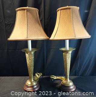 Pair of Unique Brass and Wood Table Lamps with Shades