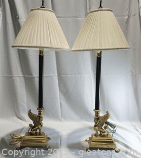 Pair of Bronze Sphinx Candlestick Table Lamps with Shades