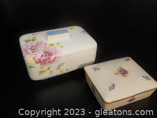 Pair of Floral Cigarette/Trinket Boxes 1 Porcelain from Japan; One Ceramic from China