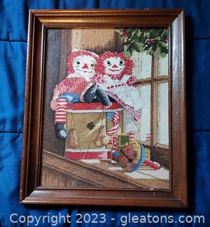 Beautiful Raggedy Ann and Andy Framed Cross Stitch Picture