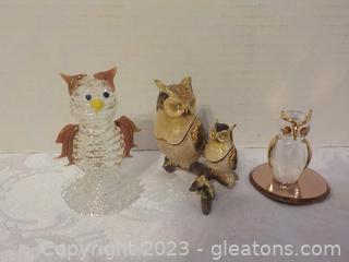 Blown Glass Owl, Mirrored Glass One, and Cloisonne, Metal Owl w/Rhinestone Accents