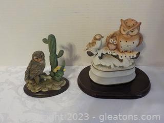 One Owl Music Box and  an Elf Owl w/Saguaro and Prickly Pear Cactus