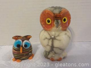 A Hand-Carved Alabaster Owl From Italy and a Small Glass Murano-Type Owl