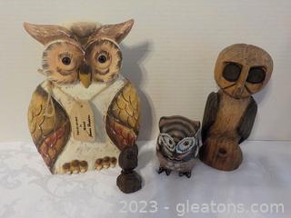 Hand-Carved Wooden Owls (4)