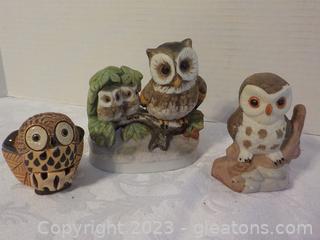 Small Owl from Uruguay and 2 Porcelain Owl Pieces