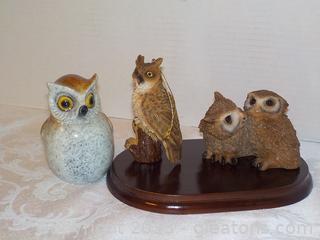 Stone/Ceramic, Hand-Carved Wood, and Resin Owls (3 pc)